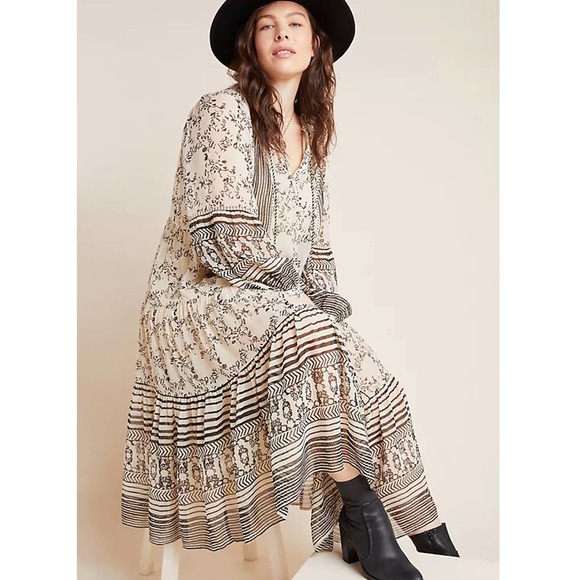 Anthropologie Dresses & Skirts - Anthropologie Talulah Boho Cream Tiered Puffed Sleeve Semi Sheer Maxi Dress M